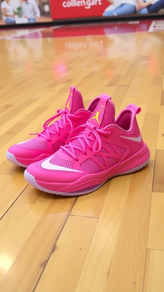 Pink Curry 8 basketball shoes displayed on a wooden floor with a basketball court background.